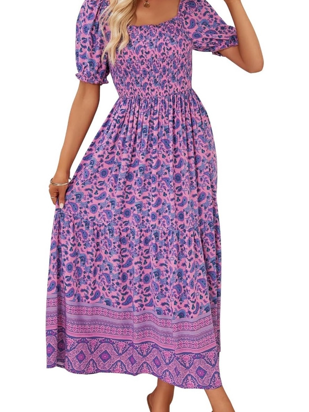 Smocked Square-Neck Maxi Dress in Lavender Pink Floral